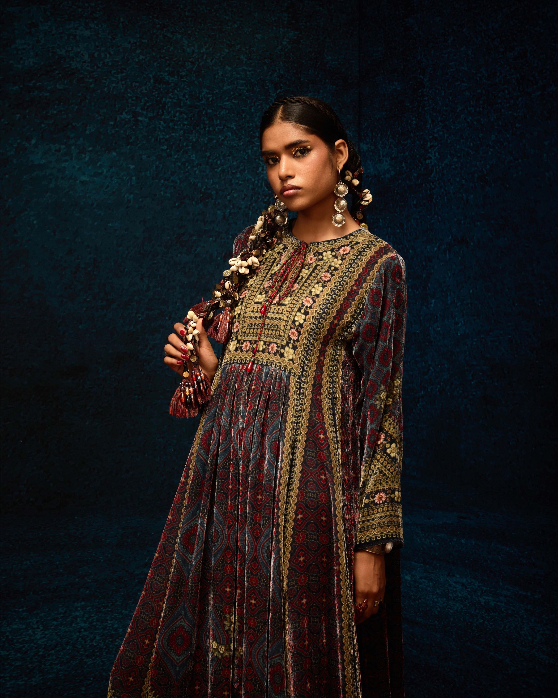 Ajrakh : Anisha - Blue/Maroon