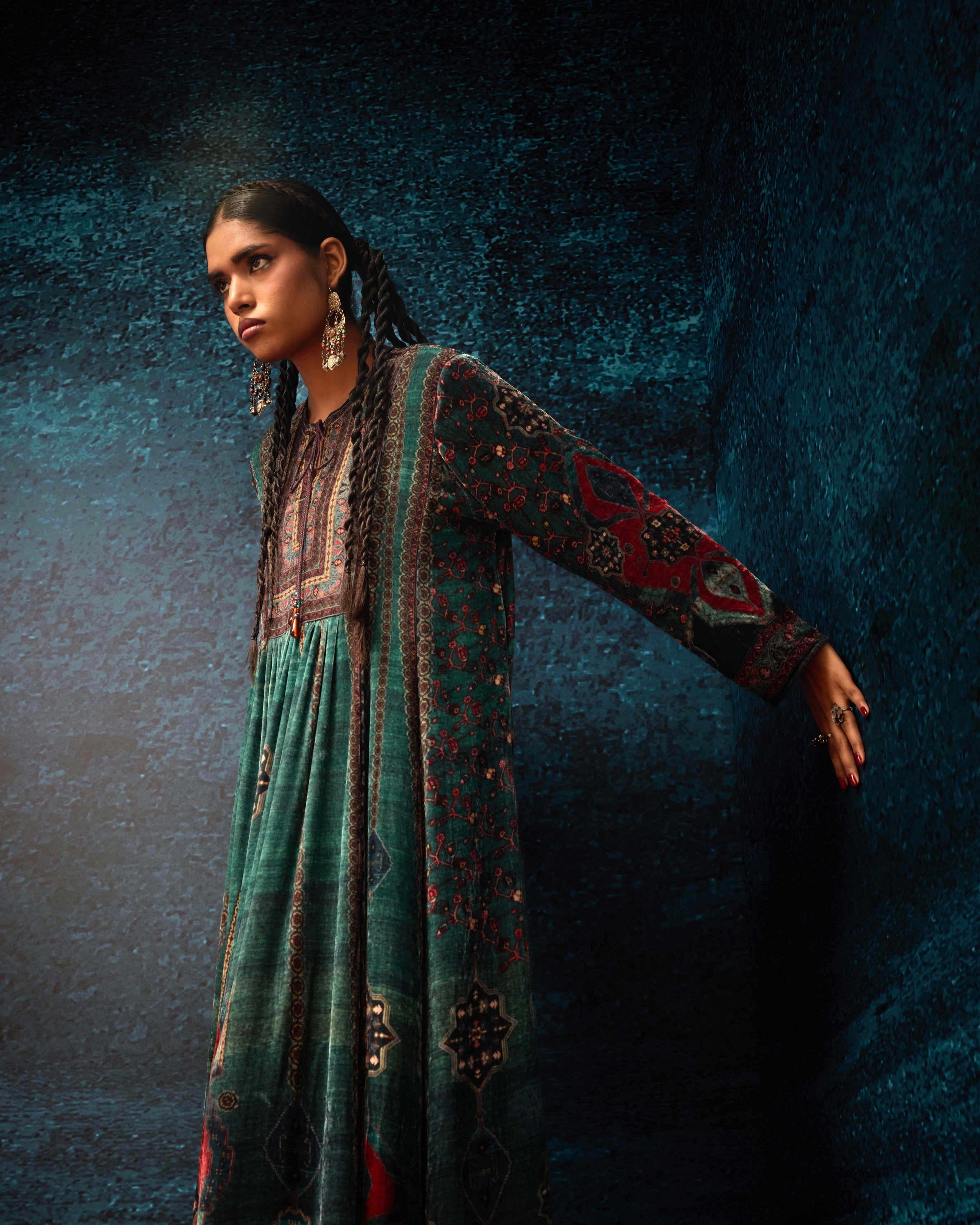 Ajrakh/Shiraz : Anisha - Teal/Maroon