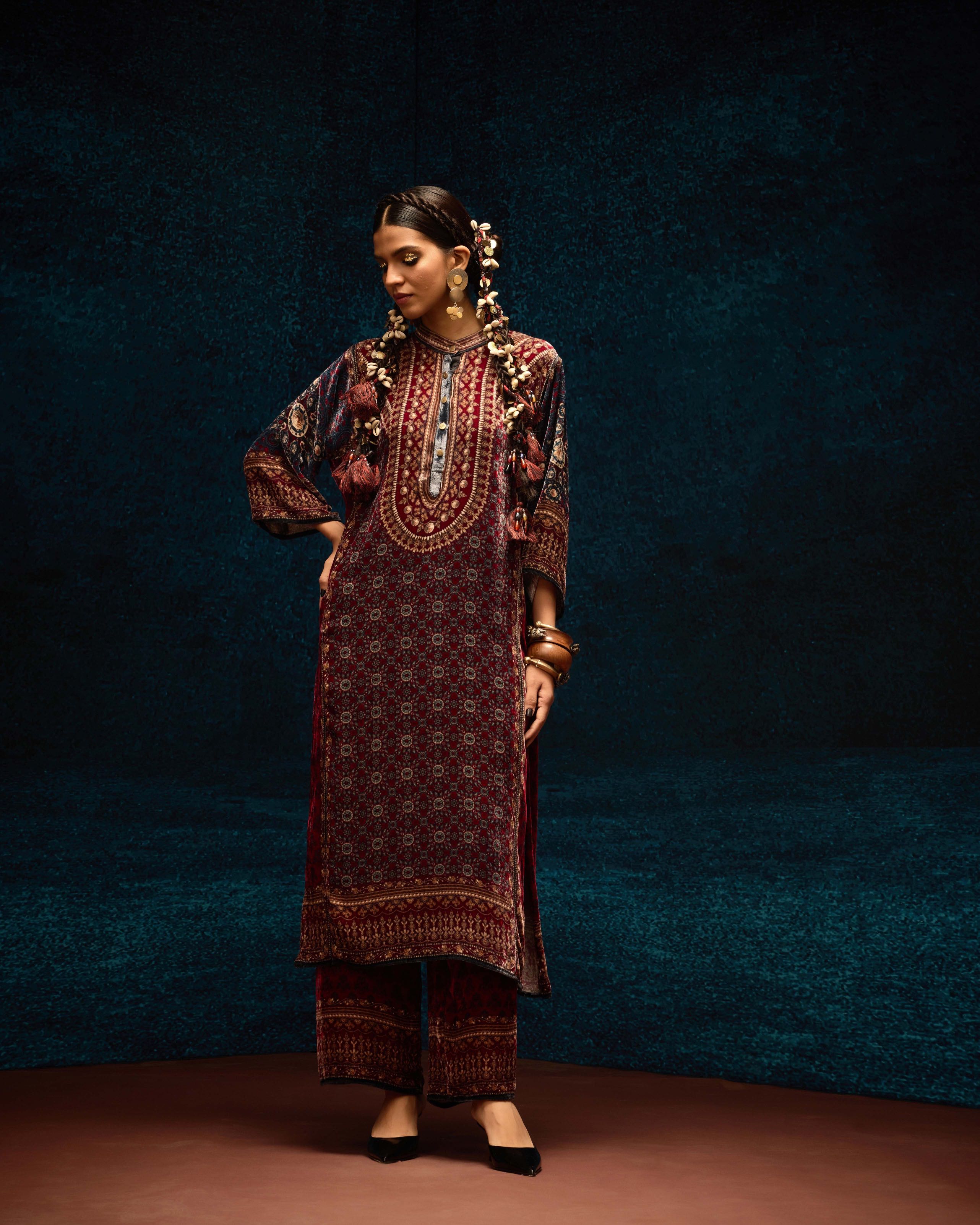Ajrakh : Ghazala - Maroon/Blue